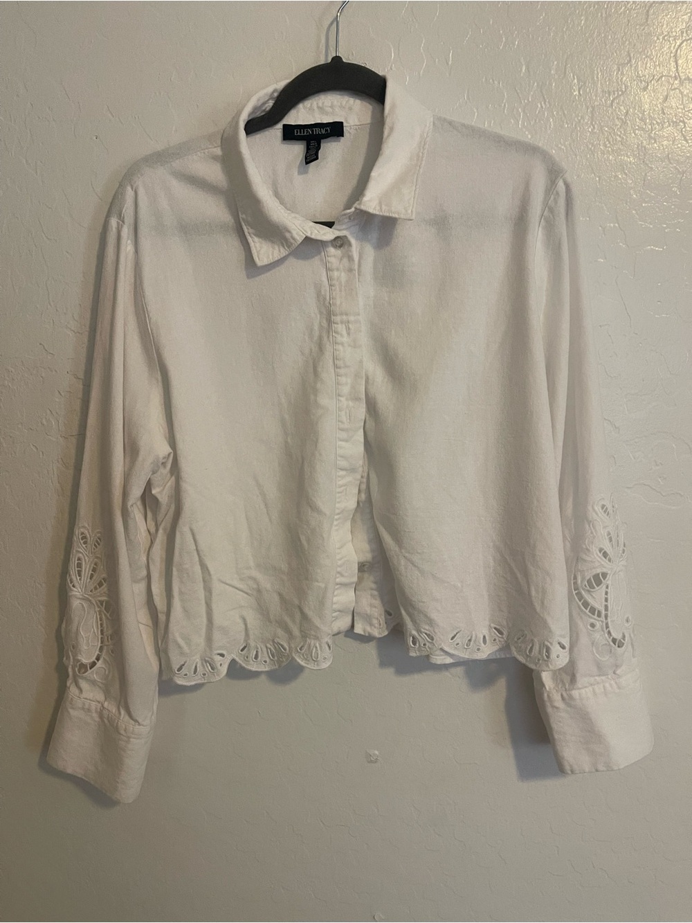 Ellen Tracy White Eyelet Hem Button-Down Blouse